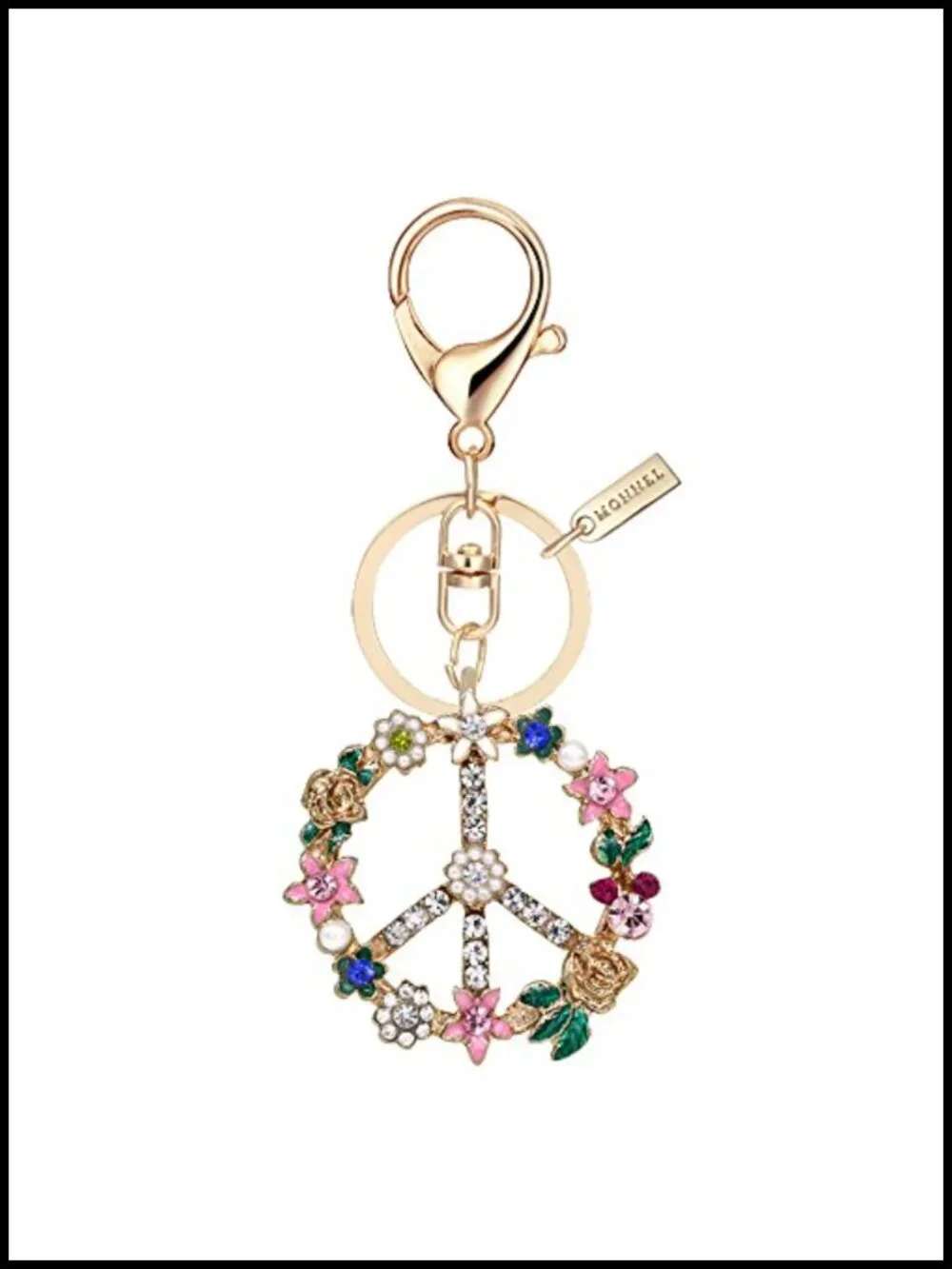 Bling Crystal Flower Peace Sign Key Ring with Velvet Bag